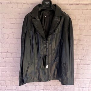 Italian Black Leather Zip Up Jacket Made‎ by CURGÈ Woman size XXL or EU 58 NWT